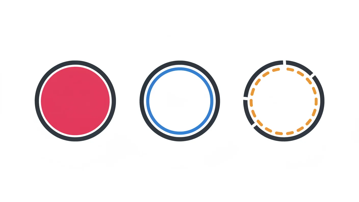 Abstract illustration: three seals side by side — one solid, one outlined, one dashed and incomplete