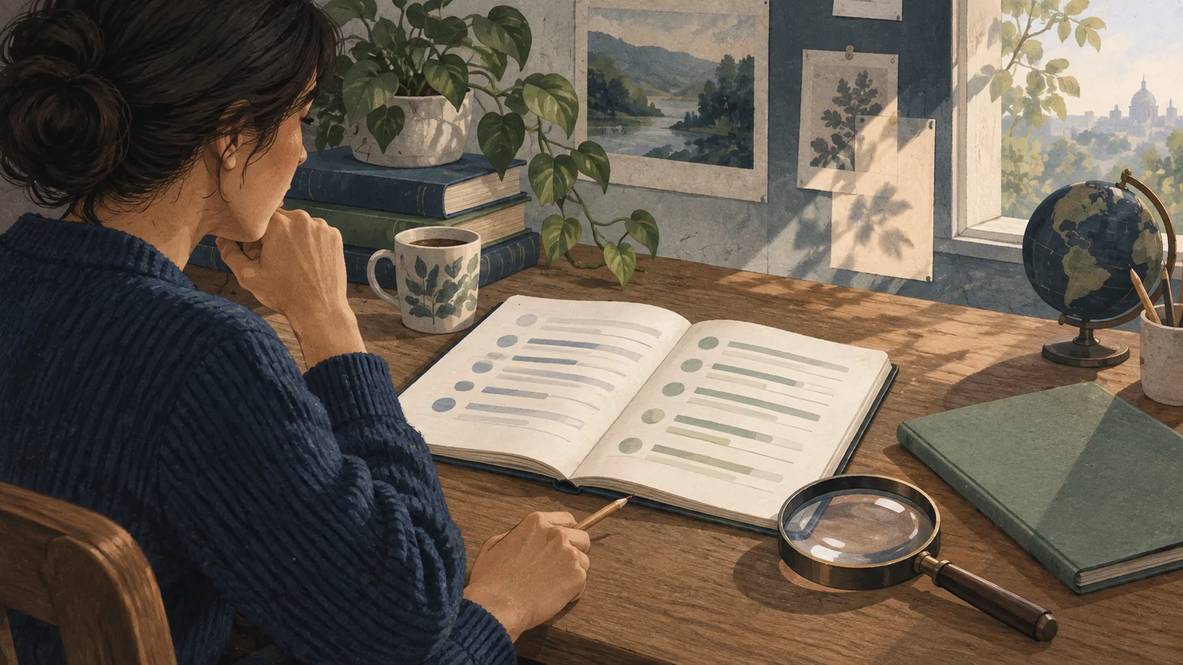 Editorial illustration of a person reading an open notebook beside a folder, magnifying glass and globe