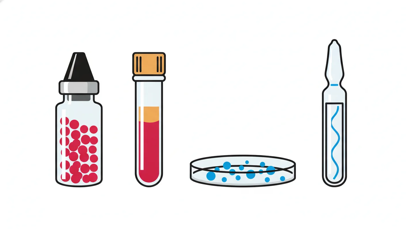 Abstract illustration: four slender vials in a row, each holding a different simple motif