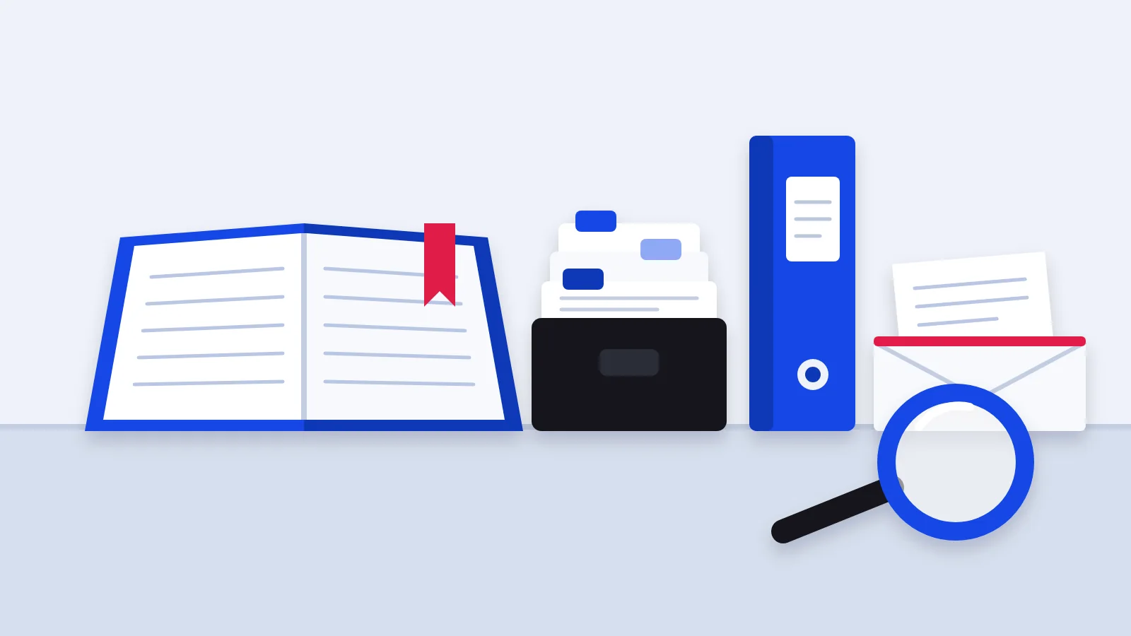 Editorial illustration of an open register book, a box of index cards, an upright binder, an envelope with a letter and a magnifying glass on a desk