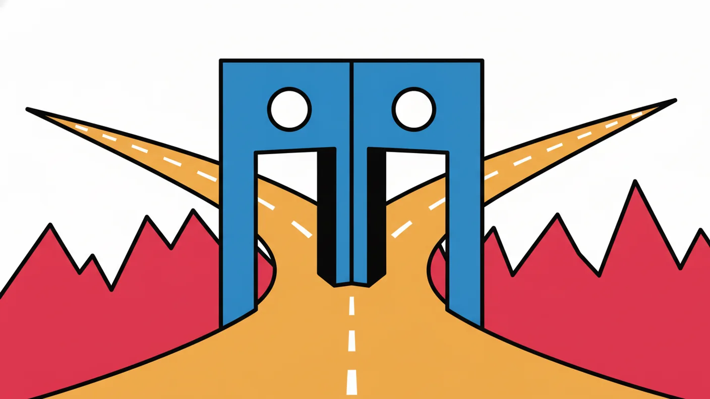 Abstract illustration: a line passing through two upright portals and then branching into two diverging paths