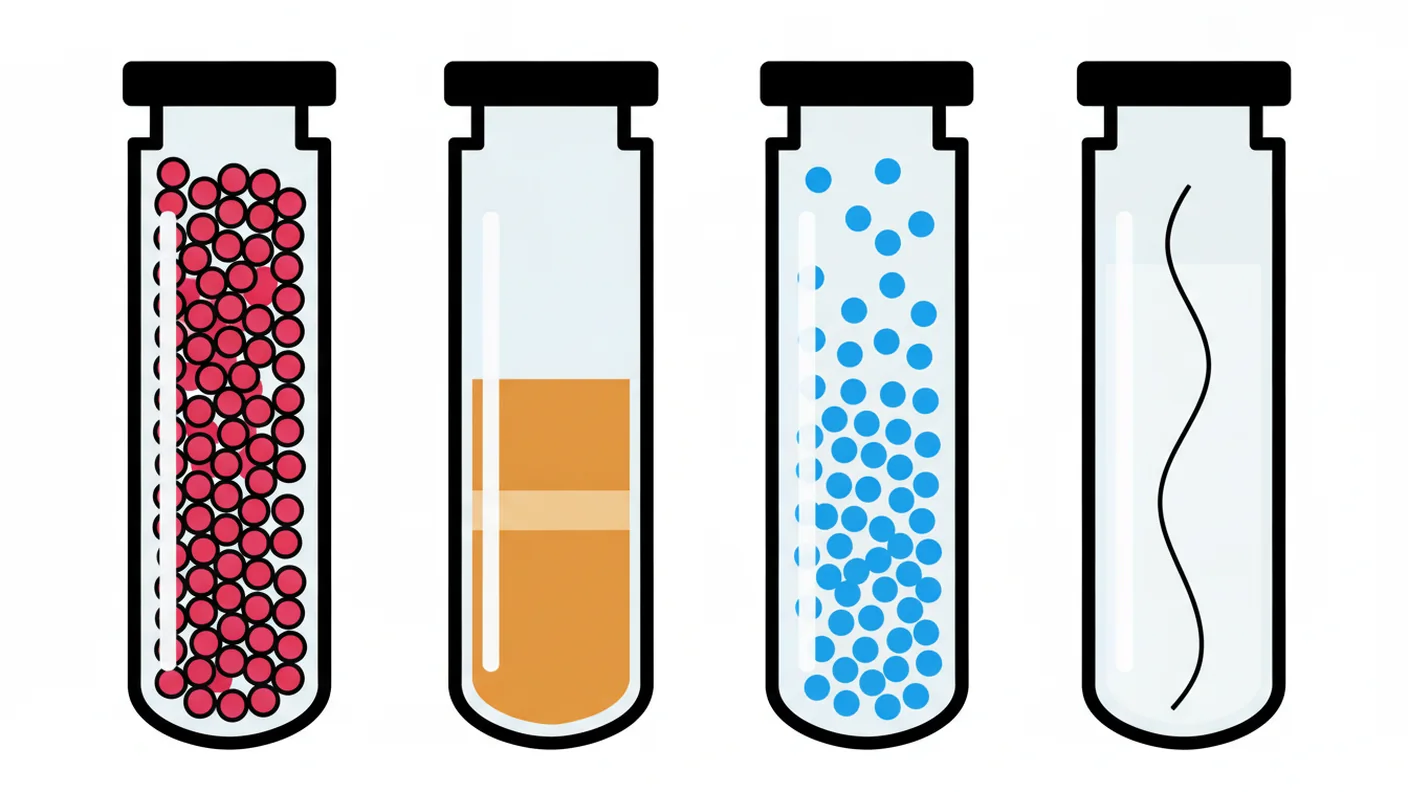 Abstract illustration: four clusters of shapes thinning from left to right, suggesting a spectrum from dense cellular material to none