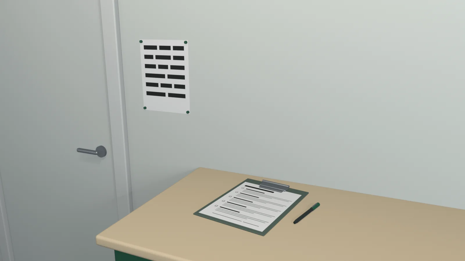 3D illustration of a letter-size notice in very large type pinned to a clinic wall beside the entrance door, with a clipboard holding a consent form and a pen on the counter below