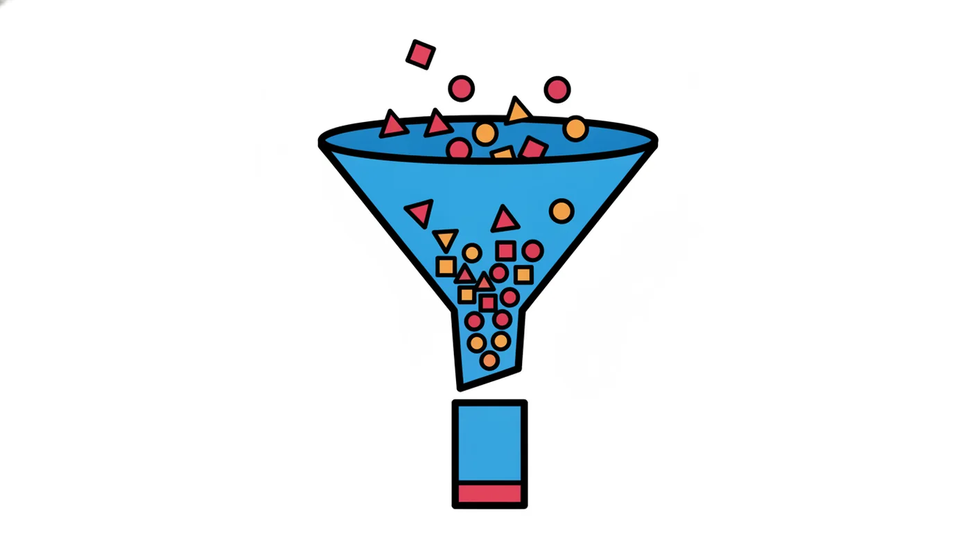 Abstract illustration: five small nodes connected by a single thin line, narrowing from many inputs to one output